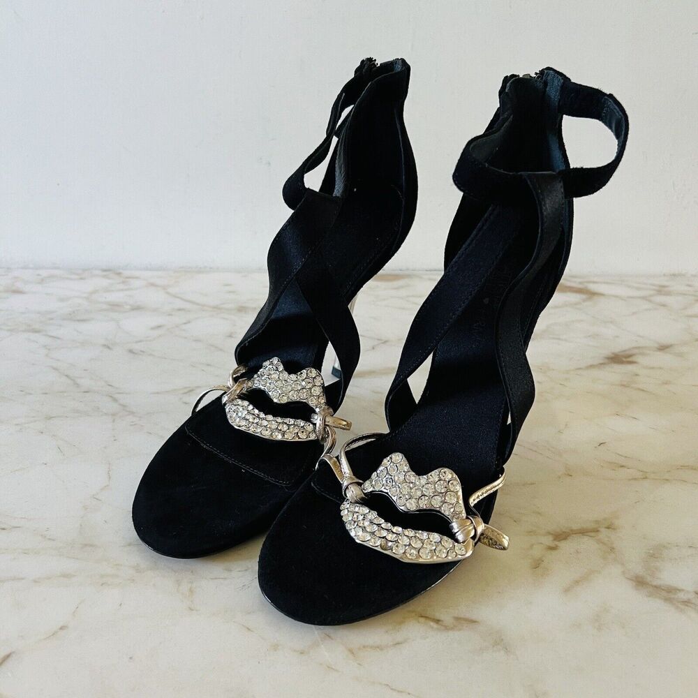 2019 GIAMBATTISTA VALLI x H&M Suede Black Crystal Lips Sandals Heels - EU 8/US 7